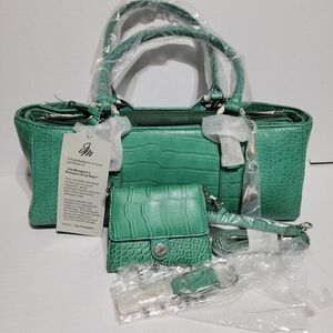 Green Croc-Embossed Satchel Handbag with Wallet Keychain And Strap